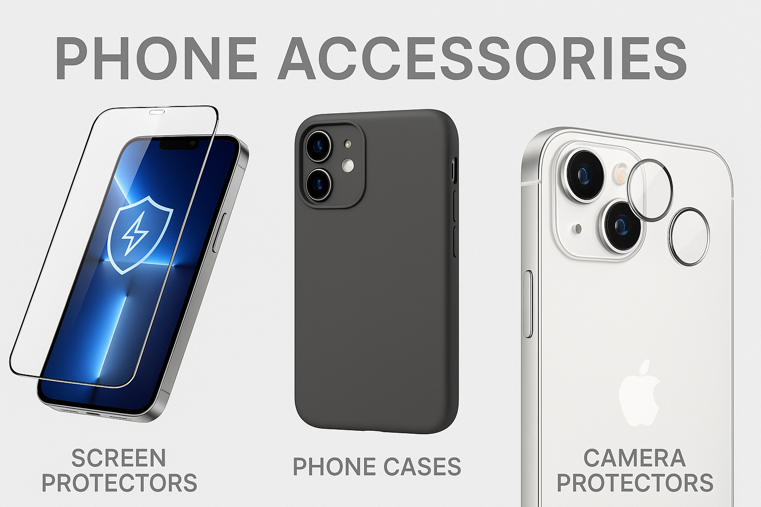 Telefon ekran koruyucu telefon kılıfı telefon kamera koruyucu olan gri fontlu bir banner