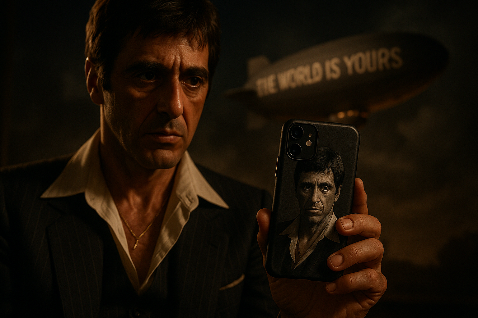 Tony montana elinde telefon kılıfı tutuyor arkada the world is your yazan ucan zeplin var